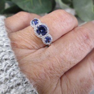 TANZANITE 3 Stone Ring>Halo Design>925 Sterling Ring,Tanzanite Ring,Tanzanite